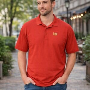 CAT Caterpillar Mens L Red Textured Short Sleeve Polo Shirt Logo Work Utility